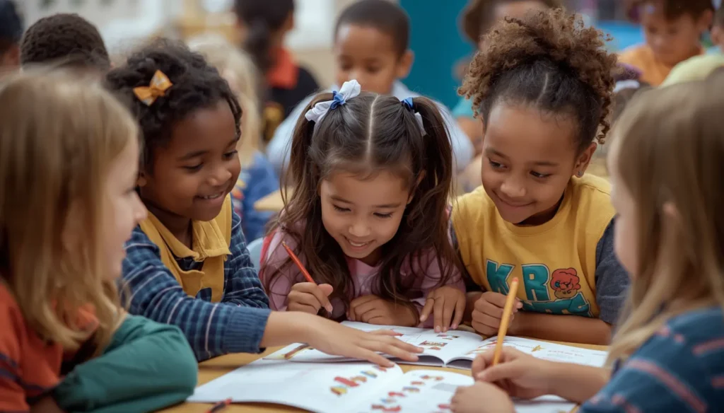 Diverse group of four young children happily drawing together in a classroom setting